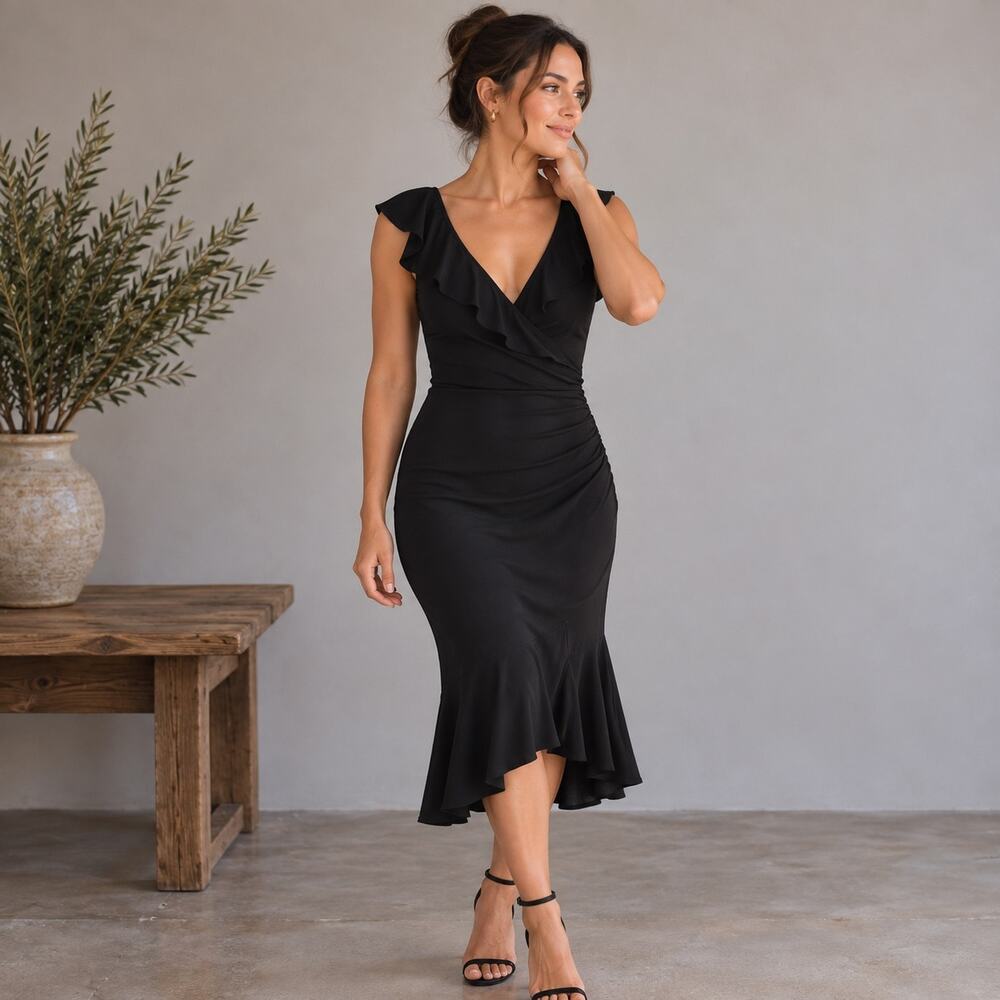 Laundry by Shelli Segal  Black Faux Wrap Dress 4 NWT